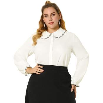 Agnes Orinda Women's Plus Size Elegant Office Peter Pan Collar Long Sleeves Button-Up Shirt