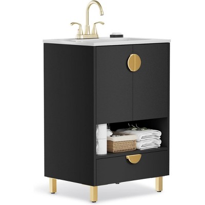 phiestina Fully Assembled Black 24 Inch Solid Wood Bathroom Vanity with Single Sink, 2 Doors and 1 Drawer Bathroom Storage Cabinet Set
