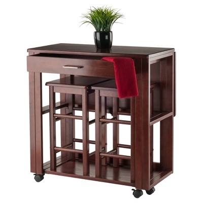 Walnut Finish Space Saver Pub Set with 2 Chairs