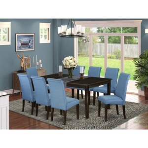 HomeStock 9Pc Dining Room table with linen Blue fabric Parson chairs with cappuccino chair legs - 1 of 3