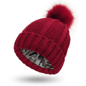 Anna-Kaci Women's Soft Knit Winter Beanie Hat with Satin-Lined Interior Ribbed Texture and Fluffy Pom Detail - 1 of 3