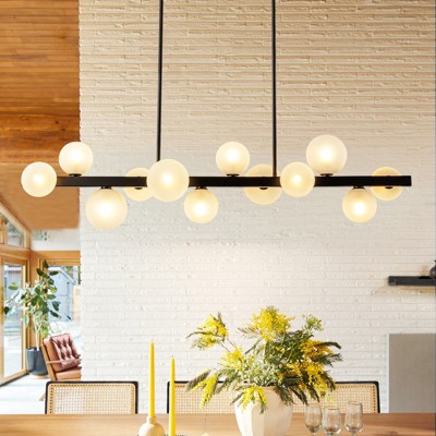 Rennnsan Zorran 44" W 12 - Light Liner Bubble Frosted Glass Mid-Century Modern Dimmable Kitchen Island Pendant in Black