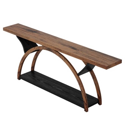 Gulches Farmhouse-Industrial Console Table, 2-Tier Storage, Narrow Long, Brown & Black, 70.87"