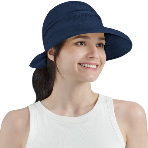 Women's Summer Outdoor Sun Hat Foldable Wide Brim Beach Travel Fishing  Hiking Bucket Hat Ponytail Hole Navy