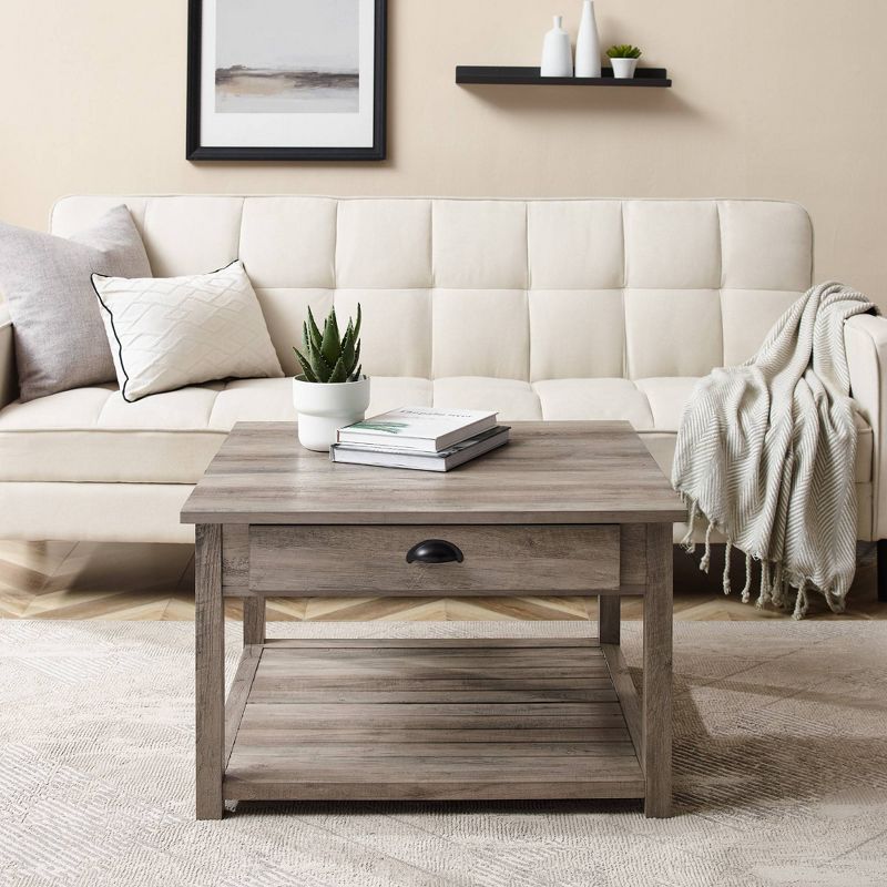 June Rustic Farmhouse Square Coffee Table with Lower Shelf Gray Wash - Saracina Home, 5 of 9