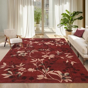 Washable Modern Leaves Printed Rug Non Slip Low Pile Rug Soft Botanical Pattern  Throw Floor Cover Foldable Indoor Carpet for Living Room Bedroom - 1 of 4