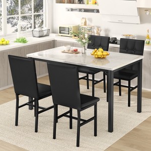 Hooseng Modern Kitchen 5 Piece Dining Table Set for 4, Dining Table Set For 4 With 4 Upholstered Velvet Chairs, 5-Piece Faux Marble Dining Set - 1 of 4