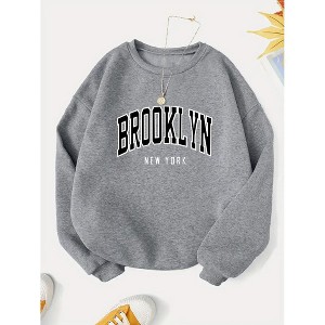 Women's Letter Print Long Sleeve Round Neck Pullover Tops Drop Shoulder Casual Sweatshirt - 1 of 3