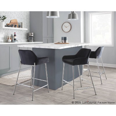 Black Velvet and Chrome Modern Counter Stools, Set of 2
