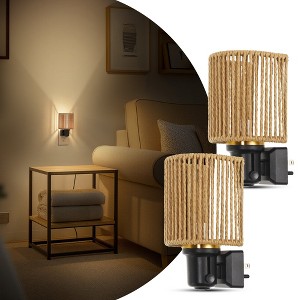 YANSUN 1W Plug-In Light-Controlled Night Light with Gold Ring Boho-Style Woven Shade, Black Base, Warm 3000K Light - 1 of 1