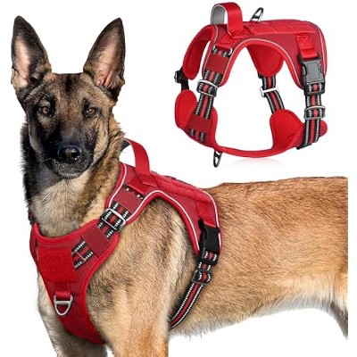 rabbitgoo Tactical Dog Harness for Large Dogs,  Vest with Handle & Molle, Easy Control for Training Walking, Adjustable Reflective Straps, Red, XL
