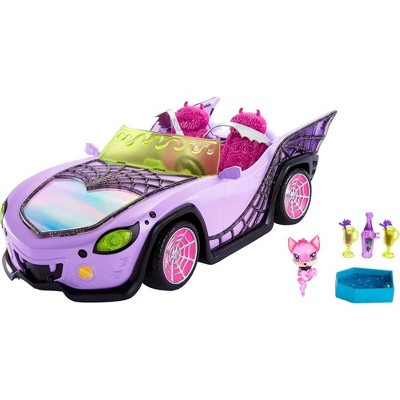 Monster High Toy Car, Ghoul Mobile with Pet & Cooler Accessories, Purple Doll-Sized Convertible with Spiderweb Details