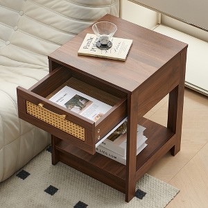 GDFStudio Maria 21.65"H Wood and Rattan Nightstand with Drawer and Shelf - 1 of 4