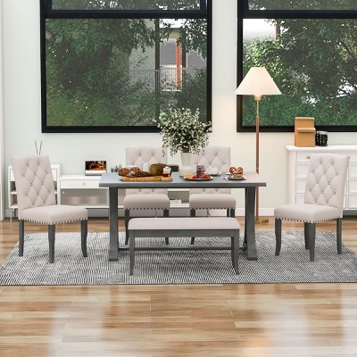 Farmhouse Dining Table Set For 6, Dining Sets 6 Piece With Rectangular Trestle Table And 4 Upholstered Chairs & Bench, Dining Set-Cuddlewood
