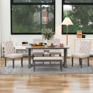 Farmhouse Dining Table Set For 6, Dining Sets 6 Piece With Rectangular Trestle Table And 4 Upholstered Chairs & Bench, Dining Set-Cuddlewood - 1 of 4