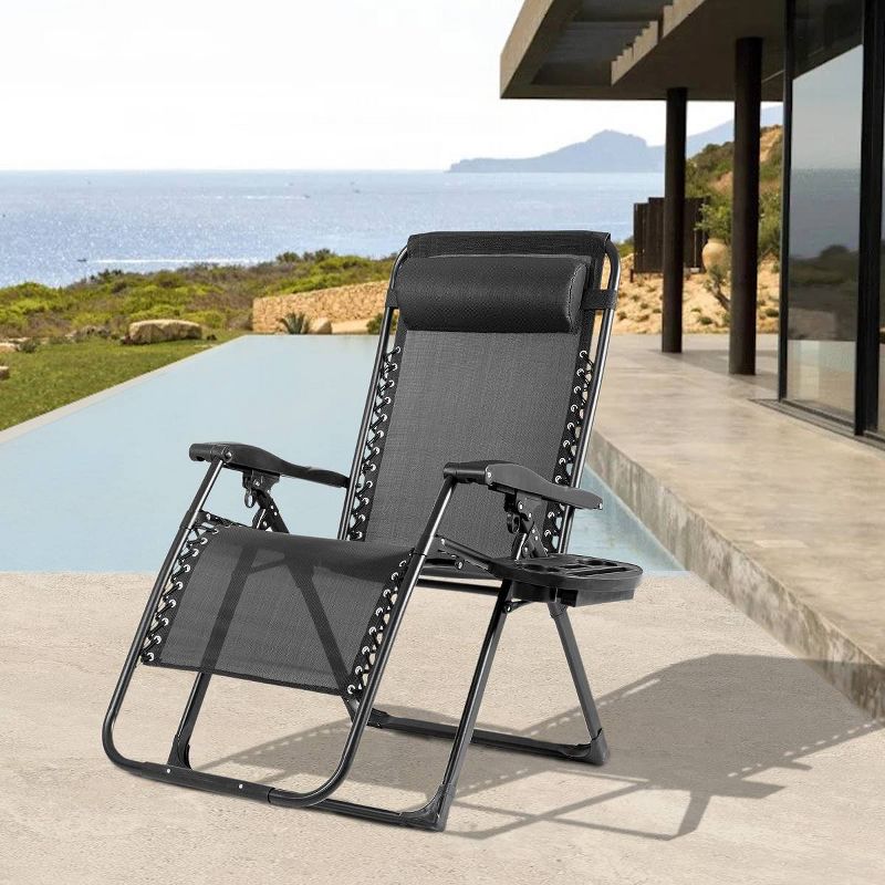 Outdoor Adjustable Folding Lounge Chair with Pillows &#38; Cup Holder - Black - WELLFOR, 4 of 5