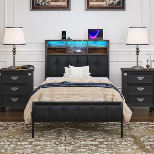VECELO Twin/Full/Queen Size Metal Bed Frame with Wooden Headboard & Footboard, Solid Platform Bed with Storage, LED Light & Charging Station, Black - 1 of 4
