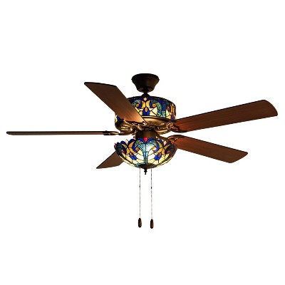 52" LED Tiffany Style Stained Glass Halston Lighted Ceiling Fan Black - River of Goods