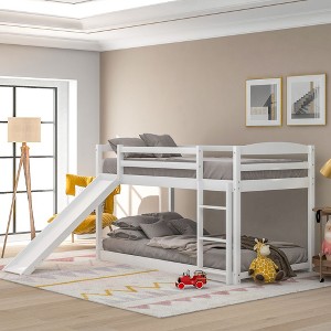CAVINAS Twin Over Twin Pine Wood Floor Bunk Bed with Slide/Ladder & Guardrails,House Bed Frame for Kids Room,Bedroom - 1 of 4
