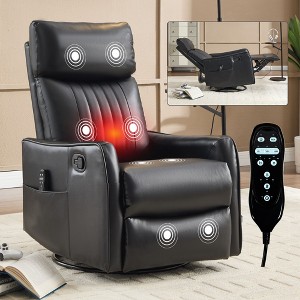 Black Faux Leather Heat Massage Manual Recliner Chair with Rocker and Swivel for Living Room - 1 of 4