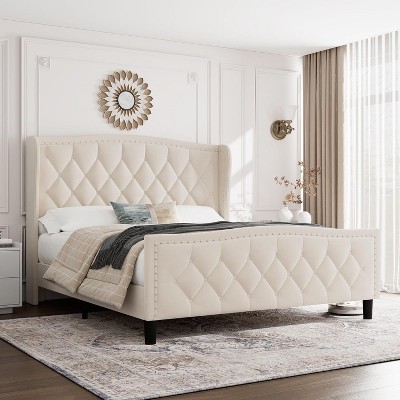 Upholstered Bed Frame with Tufted Wingback Headboard – Elegant, Noise-Free Design, Easy Assembly in Blue