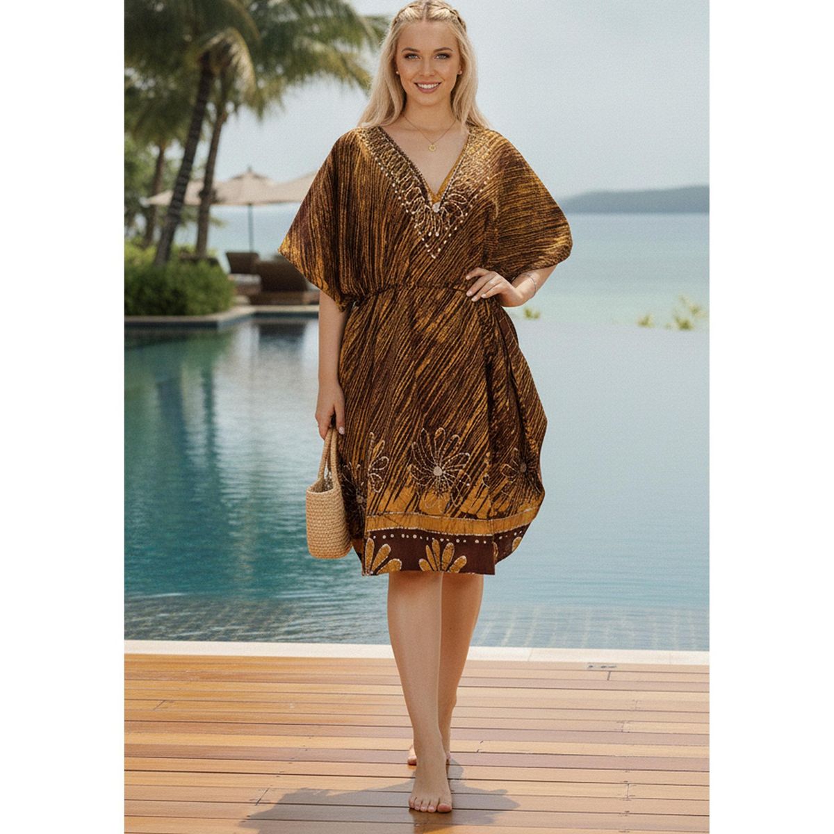 LA LEELA Summer Cotton Cruise Caftan Dress for Women Resortwear Vacation Holiday Pregnancy Wear Relaxed Beachwear Style 2X-3X Brown Floral - thumbnail 4