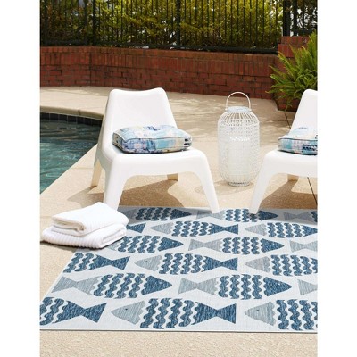 Navy Blue and Gray Square Synthetic Outdoor Rug