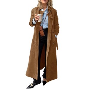 Imily Bela Womens Long Trench Coat Fall Faux Suede Jackets Double Breasted Lapel Pea Coat with Belt - 1 of 4