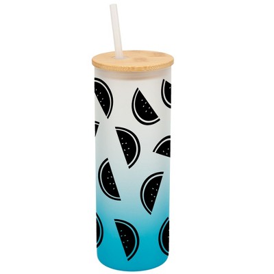 Elanze Designs Watermelon Fruit Happy Summer Vibes Wrap-Around Design 25 Ounce Frosted Gradient Glass On-The-Go Coffee Travel Skinny Tumbler Mug Cup,