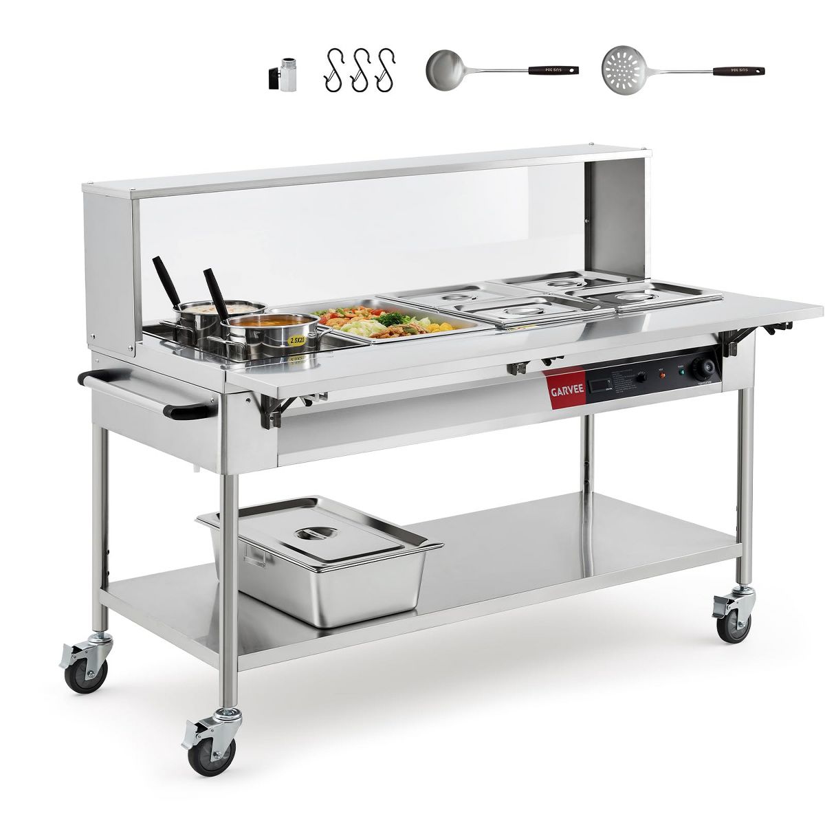1800W Commercial Food Warmer Steam Table, 4×20.6QT Stainless Steel Buffet Server with Lids, Electric Catering Warmer with Prep Countertop