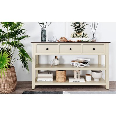 LIVAREEmlen Retro Design Console Table with Two Open Shelves, Pine Solid Wood Frame and Legs for Living Room (Espresso+Beige)