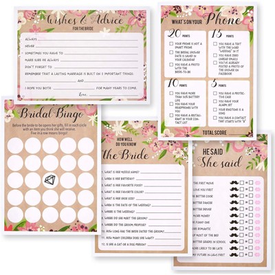 Best Paper Greetings Set Of 5 Floral Bridal Shower Wedding Games, 50 Cards Each Game, 5 X 7 inches