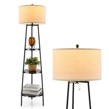 Tangkula Shelf Floor Lamp w/ Shelves & Linen Lampshade for Living Room Bedroom Office