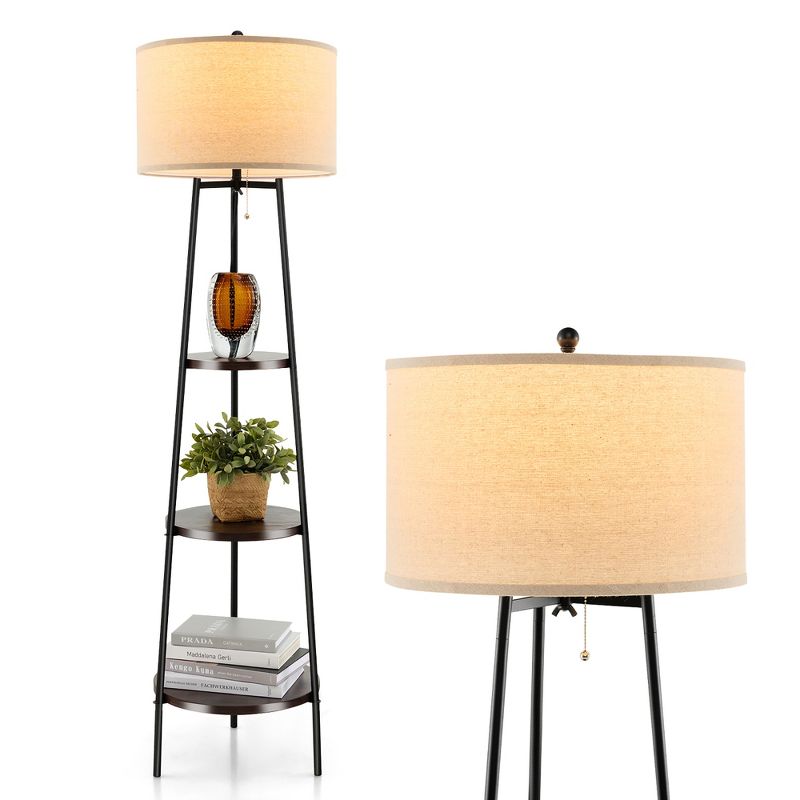 Tangkula Shelf Floor Lamp w/ Shelves & Linen Lampshade for Living Room Bedroom Office, 1 of 10