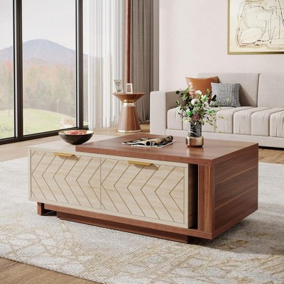 HTUTWOO 42.13" Extendable Rectangle Coffee Table, Dual-Tone Walnut & Oak Cocktail Table with Sliding Tabletop, Multi-Functional Hidden Storage