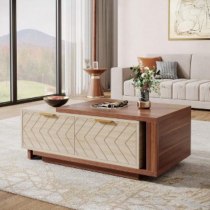 HTUTWOO 42.13" Extendable Rectangle Coffee Table, Dual-Tone Walnut & Oak Cocktail Table with Sliding Tabletop, Multi-Functional Hidden Storage - 1 of 4