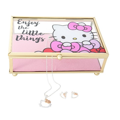 Hello Kitty Sanrio Jewelry Set 3-Piece - Glass Jewelry Box and Sterling  Silver Earrings and 18 Necklace Officially Licensed