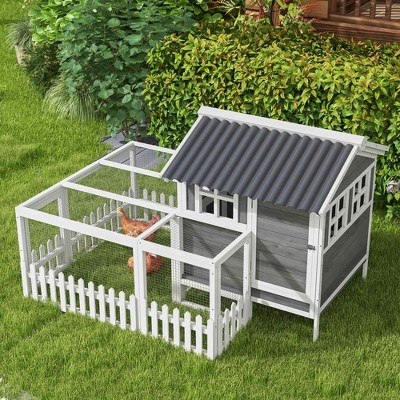 Gray and White Wooden Chicken Coop with Run and Nesting Box