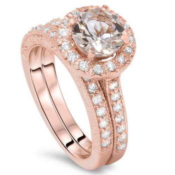 Pompeii3 1 7/8CT Vintage Morganite & Diamond Engagement Wedding Ring Set 14K Rose Gold