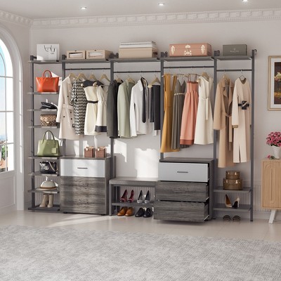 Aheaplus 68"-96" Closet Organizer with 6-Drawers,4 Clothing Rack