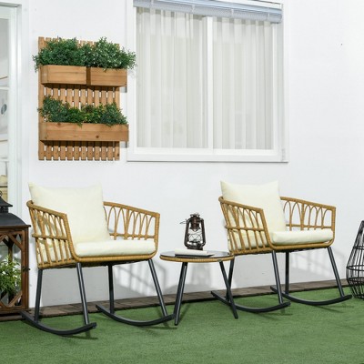 Cream White Cushioned Wicker Rocking Chair Patio Set with Glass Table