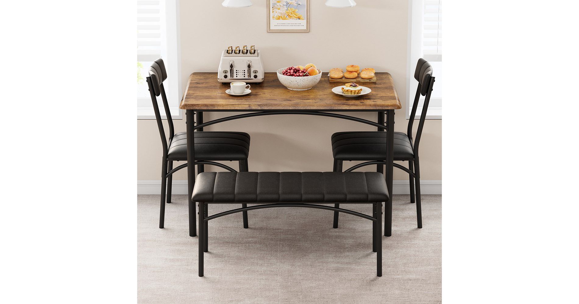 Kitchen Table with Upholstered Chairs and Bench, Wooden Dining Table Set for 4, Rectangular Dining Room Table Set for Small Space, Apartment, Home