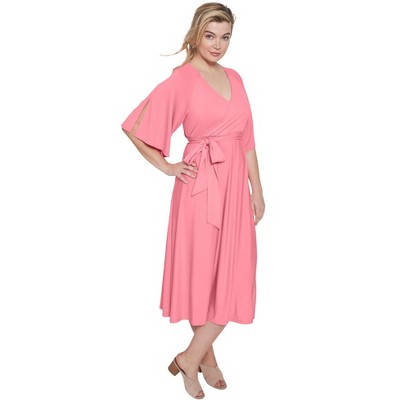 ellos Plus Size Knit Midi Dress With Surplice Neckline & Waist Tie