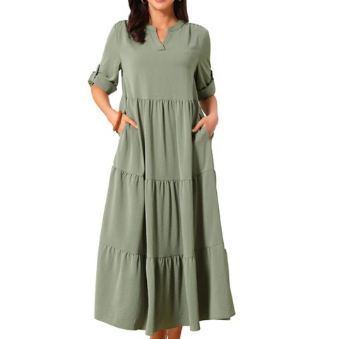 Женские платья INSPIRE CHIC Women's 3/4 Sleeve V Neck Tiered Maxi Casual Dress with Pockets Army Green X-Large