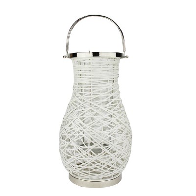 Northlight 18.5" Modern White Decorative Woven Iron Pillar Candle Lantern with Glass Hurricane