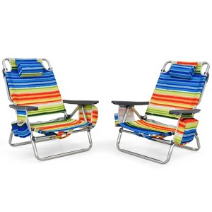 Gymax 2-piece Beach Chair Set 5 Adjustable Position Reclining Chairs Folding Backpack Chairs Cup Holders Storage Bag Towel Bar and Iced Bag Set of 2 - 1 of 4