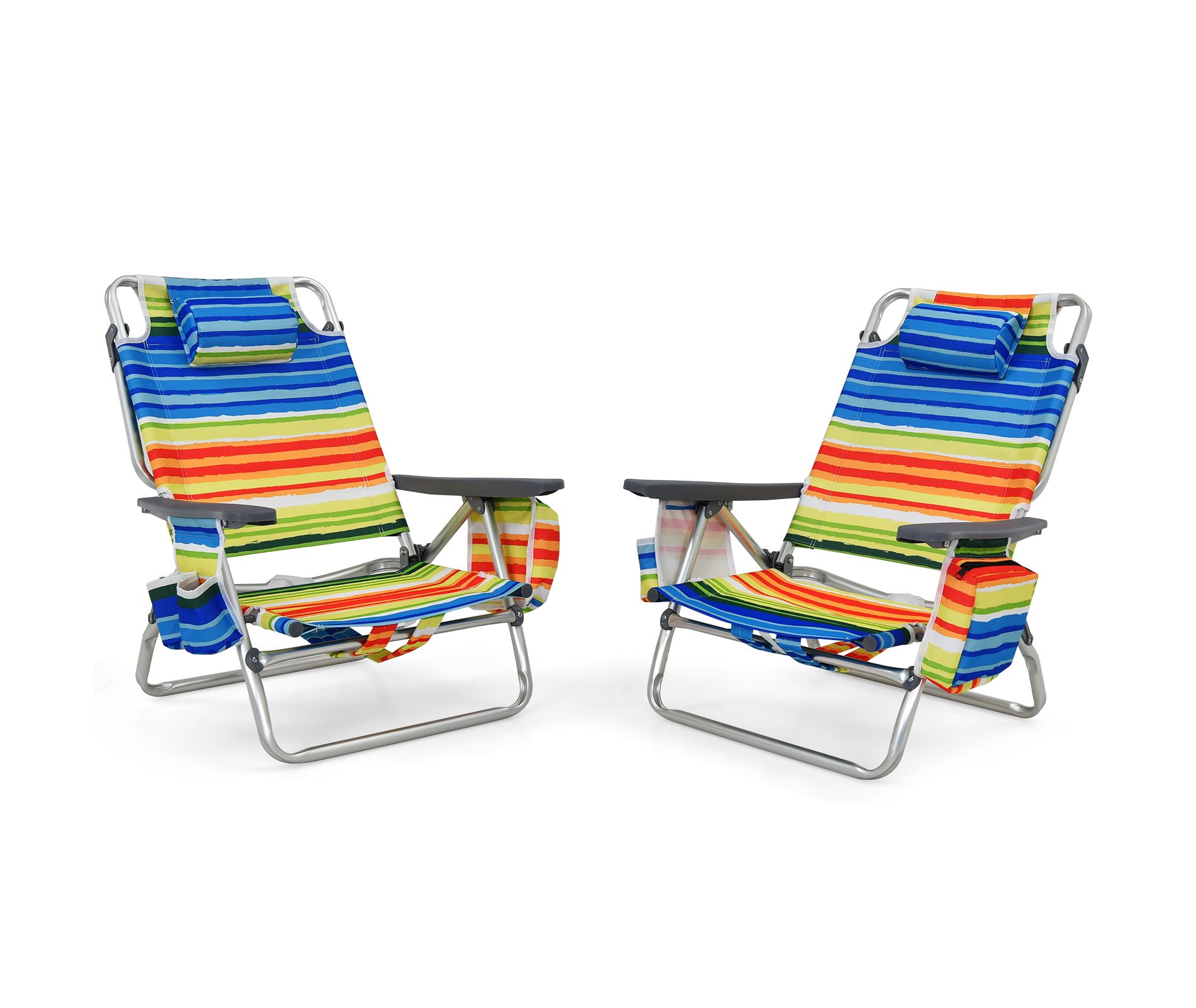 Gymax 2-piece Beach Chair Set 5 Adjustable Position Reclining Chairs Folding Backpack Chairs Cup Holders Storage Bag Towel Bar and Iced Bag Set of 2