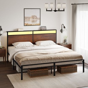 Hausource Industrial Bed Frame with Storage LED Headboard, Charging Station, No Box Spring Needed - 1 of 4