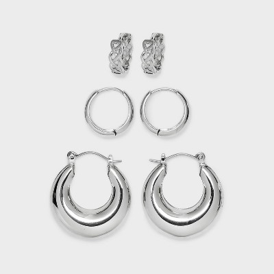 Hoop Earring Set 3pc - Wild Fable™ Silver: Clip-In Clasp, Brass, Nickel-Free Metal, 1" Diameter, Lightweight Jewelry