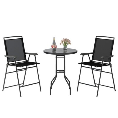 Tangkula 3-Piece Outdoor Bar Set Counter Height Patio Bistro Furniture Set w/ DPC Tabletop & Umbrella Hole
